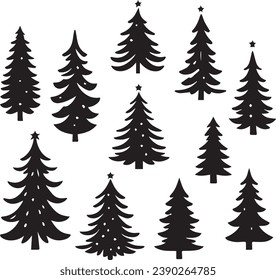 Silhouette Solid Vector Icon Set Of Christmas Tree, Yule, Fir tree, Tannenbaum, Evergreen, Conifer, Pine, Holiday, Festive, Decorated, Seasonal tree.