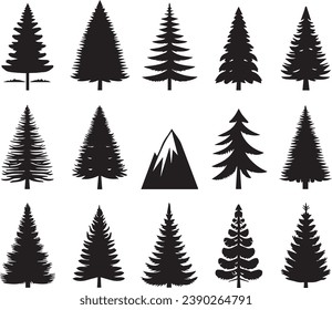 Silhouette Solid Vector Icon Set Of Christmas Tree, Yule, Fir tree, Tannenbaum, Evergreen, Conifer, Pine, Holiday, Festive, Decorated, Seasonal tree.