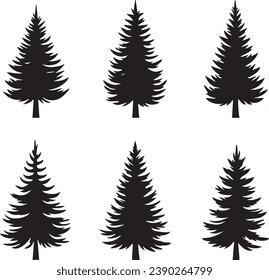 Silhouette Solid Vector Icon Set Of Christmas Tree, Yule, Fir tree, Tannenbaum, Evergreen, Conifer, Pine, Holiday, Festive, Decorated, Seasonal tree.