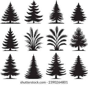 Silhouette Solid Vector Icon Set Of Christmas Tree, Yule, Fir tree, Tannenbaum, Evergreen, Conifer, Pine, Holiday, Festive, Decorated, Seasonal tree.