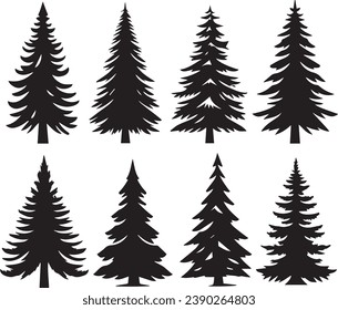 Silhouette Solid Vector Icon Set Of Christmas Tree, Yule, Fir tree, Tannenbaum, Evergreen, Conifer, Pine, Holiday, Festive, Decorated, Seasonal tree.