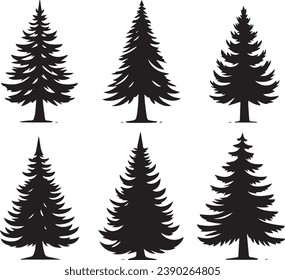 Silhouette Solid Vector Icon Set Of Christmas Tree, Yule, Fir tree, Tannenbaum, Evergreen, Conifer, Pine, Holiday, Festive, Decorated, Seasonal tree.