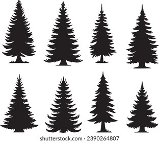 Silhouette Solid Vector Icon Set Of Christmas Tree, Yule, Fir tree, Tannenbaum, Evergreen, Conifer, Pine, Holiday, Festive, Decorated, Seasonal tree.