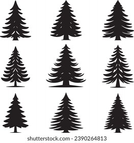 Silhouette Solid Vector Icon Set Of Christmas Tree, Yule, Fir tree, Tannenbaum, Evergreen, Conifer, Pine, Holiday, Festive, Decorated, Seasonal tree.