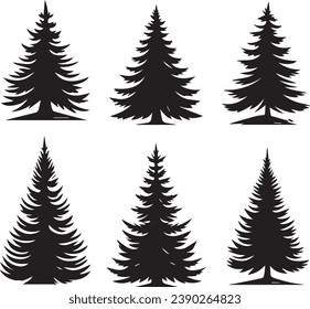 Silhouette Solid Vector Icon Set Of Christmas Tree, Yule, Fir tree, Tannenbaum, Evergreen, Conifer, Pine, Holiday, Festive, Decorated, Seasonal tree.