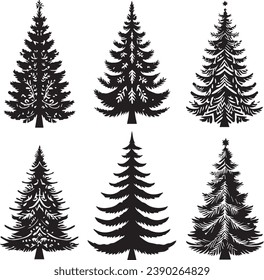 Silhouette Solid Vector Icon Set Of Christmas Tree, Yule, Fir tree, Tannenbaum, Evergreen, Conifer, Pine, Holiday, Festive, Decorated, Seasonal tree.