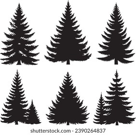 Silhouette Solid Vector Icon Set Of Christmas Tree, Yule, Fir tree, Tannenbaum, Evergreen, Conifer, Pine, Holiday, Festive, Decorated, Seasonal tree.