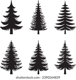 Silhouette Solid Vector Icon Set Of Christmas Tree, Yule, Fir tree, Tannenbaum, Evergreen, Conifer, Pine, Holiday, Festive, Decorated, Seasonal tree.