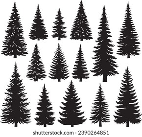 Silhouette Solid Vector Icon Set Of Christmas Tree, Yule, Fir tree, Tannenbaum, Evergreen, Conifer, Pine, Holiday, Festive, Decorated, Seasonal tree.