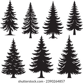 Silhouette Solid Vector Icon Set Of Christmas Tree, Yule, Fir tree, Tannenbaum, Evergreen, Conifer, Pine, Holiday, Festive, Decorated, Seasonal tree.