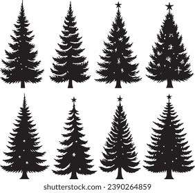 Silhouette Solid Vector Icon Set Of Christmas Tree, Yule, Fir tree, Tannenbaum, Evergreen, Conifer, Pine, Holiday, Festive, Decorated, Seasonal tree.