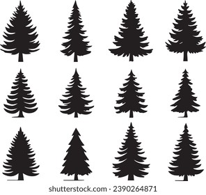 Silhouette Solid Vector Icon Set Of Christmas Tree, Yule, Fir tree, Tannenbaum, Evergreen, Conifer, Pine, Holiday, Festive, Decorated, Seasonal tree.