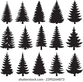 Silhouette Solid Vector Icon Set Of Christmas Tree, Yule, Fir tree, Tannenbaum, Evergreen, Conifer, Pine, Holiday, Festive, Decorated, Seasonal tree.