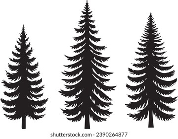 Silhouette Solid Vector Icon Set Of Christmas Tree, Yule, Fir tree, Tannenbaum, Evergreen, Conifer, Pine, Holiday, Festive, Decorated, Seasonal tree.