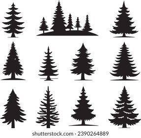 Silhouette Solid Vector Icon Set Of Christmas Tree, Yule, Fir tree, Tannenbaum, Evergreen, Conifer, Pine, Holiday, Festive, Decorated, Seasonal tree.