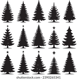 Silhouette Solid Vector Icon Set Of Christmas Tree, Yule, Fir tree, Tannenbaum, Evergreen, Conifer, Pine, Holiday, Festive, Decorated, Seasonal tree.