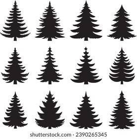 Silhouette Solid Vector Icon Set Of Christmas Tree, Yule, Fir tree, Tannenbaum, Evergreen, Conifer, Pine, Holiday, Festive, Decorated, Seasonal tree.