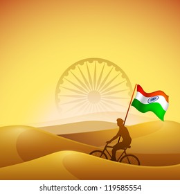 Silhouette of a solider on desert background with Indian National Flag waving. EPS 10.