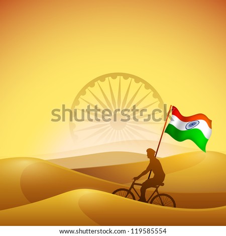 Silhouette of a solider on desert background with Indian National Flag waving. EPS 10.