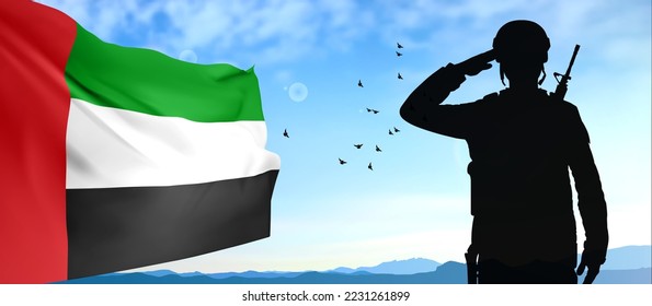 Silhouette de un soldado saludando con un fondo de puesta de sol y la bandera de los EAU. Concepto de feriados nacionales de los EAU. Día Nacional, Día de Conmemoración. Vector EPS10