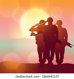 Silhouette of a soliders saluting against the sunrise. Concept - protection, patriotism, honor.