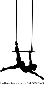 Silhouette Of A Solo Trapeze Artist Hanging On A Swinging Bar. Vector Illustration. 
