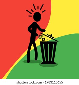 The silhouette of someone throwing trash into the trash is a symbol of an invitation to keep the environment clean. Vector isolated in green, yellow, red