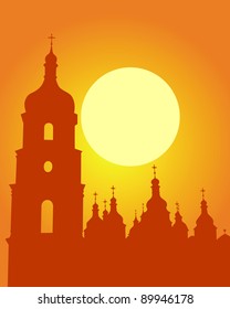 Silhouette Sophia Cathedral in Kiev on an orange background