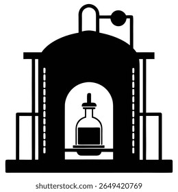 Silhueta de um sofisticado aparelho de laboratório, exibe uma garrafa com rolha dentro do sistema, perfeita para material científico ou educativo.