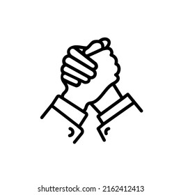 Silhouette de Soul Brother Hand Shake Signo sobre fondo blanco con líneas blancas que definen el miembro y los dedos. Ilustración de vectores de iconos planos de gestos manuales.