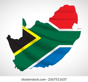 Silhouette of South Africa map filled with the South African flag design, symbolizing national pride, cultural heritage, and geographic diversity.  
