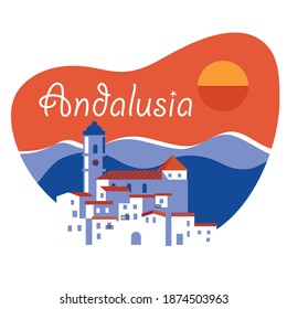 silhouette of south spanish medieval town.Flat style color collage of Andalusia. Vector illustration for poster, banner, background, festival, party and event