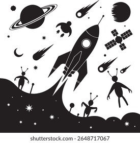 Silhueta Space Scene com Foguete e Alienígenas