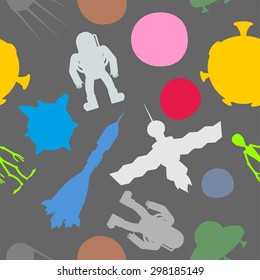 Silhouette space symbol seamless pattern: astronaut and UFO, rocket and satellite. Vector background 