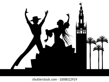 Silhouette of Spanish flamenco dancers couple, palm trees and monuments in Seville. (The Giralda)