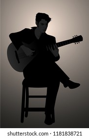 Silhouette of Spanish guitarist playing flamenco sitting on a chair