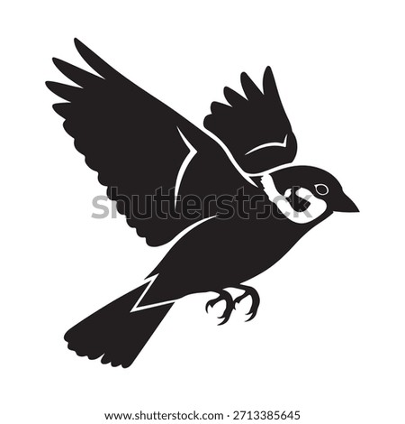 Silhouette of a sparrow in flight with wings spread wide