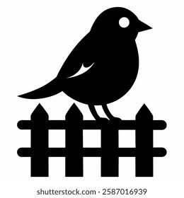 Silhouette of a sparrow sitting on a wooden fence post, black and white."
