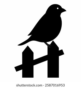 Silhouette of a sparrow sitting on a wooden fence post, black and white."