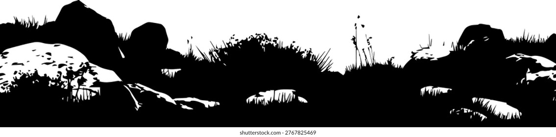 A silhouette of sparse vegetation and rocks in a barren tundra landscape