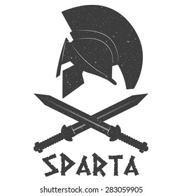 The silhouette of a Spartan helmet and swords