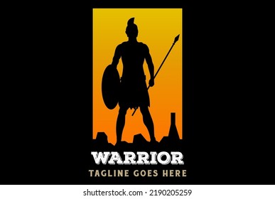 Silhouette of Spartan Knight Soldier, Greek Warrior standing with the spear on top cliff after a war battle