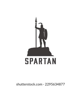 Silhouette of Spartan Knight Soldier, Greek Warrior standing with the spear on top cliff logo vector icon