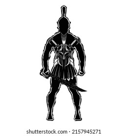 Silhouette of a Spartan warrior with a sword. Greek hero. King Leonidas. God of war Ares. Vector illustration of ancient myths for t shirt print. Black tattoo. Grunge style.