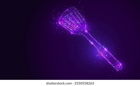 Silhouette of a spatula made of glowing, multicolored dots, resembling stars. The particles form its simple design, symbolizing cooking, creativity, and culinary precision.