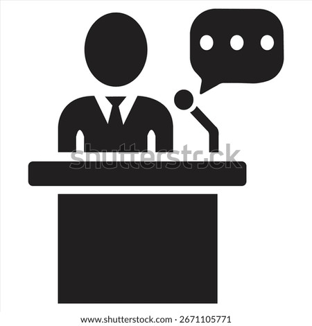 Silhouette of a speaker addressing an audience from a podium with speech bubble icon representing communication and ideas