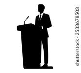 Silhouette of a Speaker at podium giving a speech. vector illustration