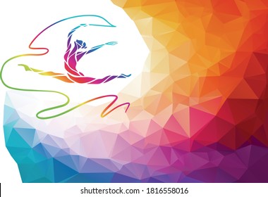 Silhouette of spectrum color gymnastic girl with ribbon