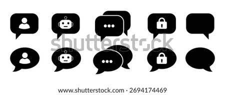Silhouette of speech bubble icons. chat bubble icon set. Communication vector illustration showing chat with human assistant, chatbot, typing indicator, secure messaging and comment symbols.(Isolated)