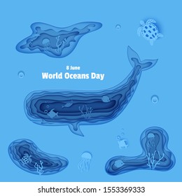 Silhouette of a sperm whale cut out of paper. Papercut style butterflyfish, jellyfish, moonfish, turtle. Craft underwater ocean cave with fishes, coral reef seabed alga Vector World Ocean Day concept.